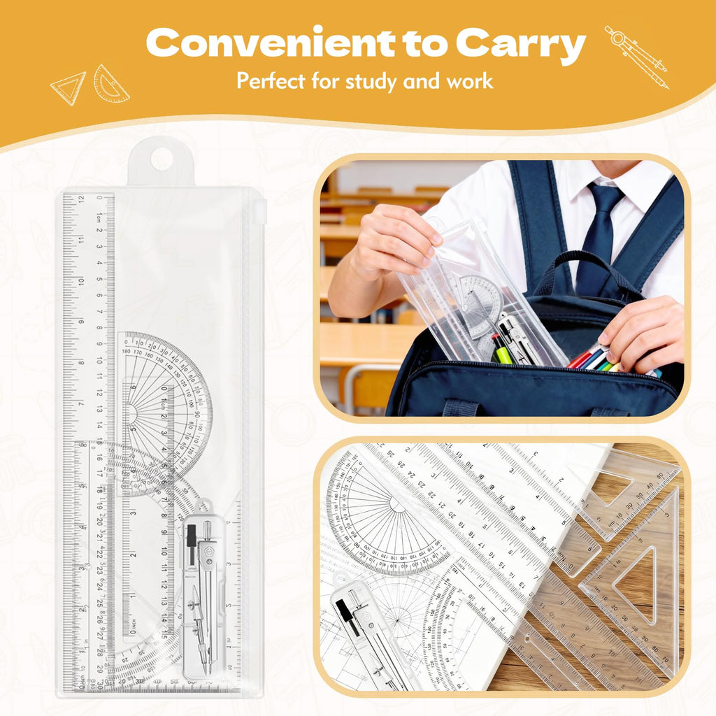 7Pcs Geometry Set-Clear Plastic Rulers,Triangle Ruler,Protractor,Compass