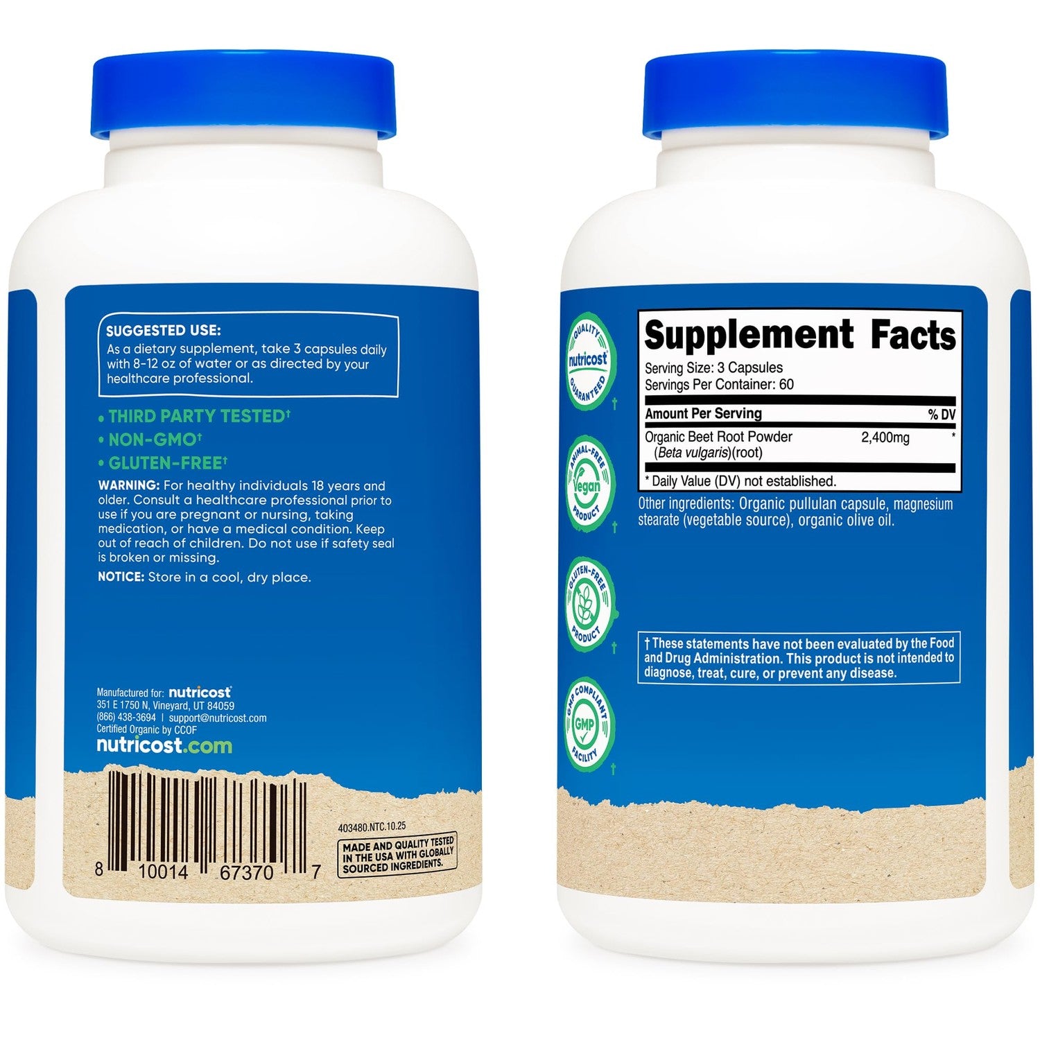 Nutricost Beet Root 2400mg, 180 Capsules, CCOF Certified Made with Organic | Superfood, 60 Servings