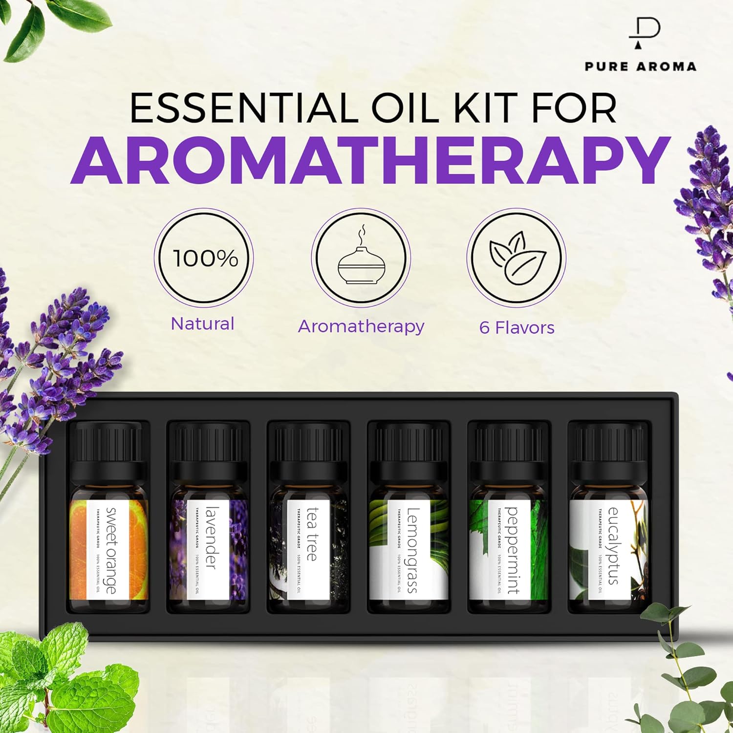 Buy now Essential Oils Set by Pure Aroma - Top 6 Aromatherapy Oils Gift Set-6 Pack, 10ml (Eucalyptus, Lavender, Lemongrass, Sweet Orange, Peppermint, Tea Tree) at indiglob india