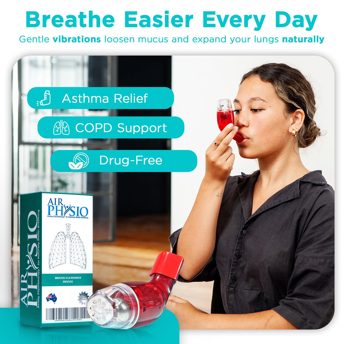 AirPhysio | Drug-Free Portable Breathing Trainer Device for Lungs | Breathe Better, Improve Lung Health & Mucus Clearance | Average Lung Capacity Device | Made in Australia