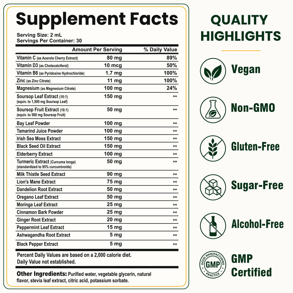 Soursop Bitters Liquid Drops – 23 in 1 Formula with Graviola, Black Seed, Sea Moss, Moringa – Supports Digestive Health, Immune Function, Natural Energy - Vegan, Non-GMO - Orange Flavor, 2 fl oz