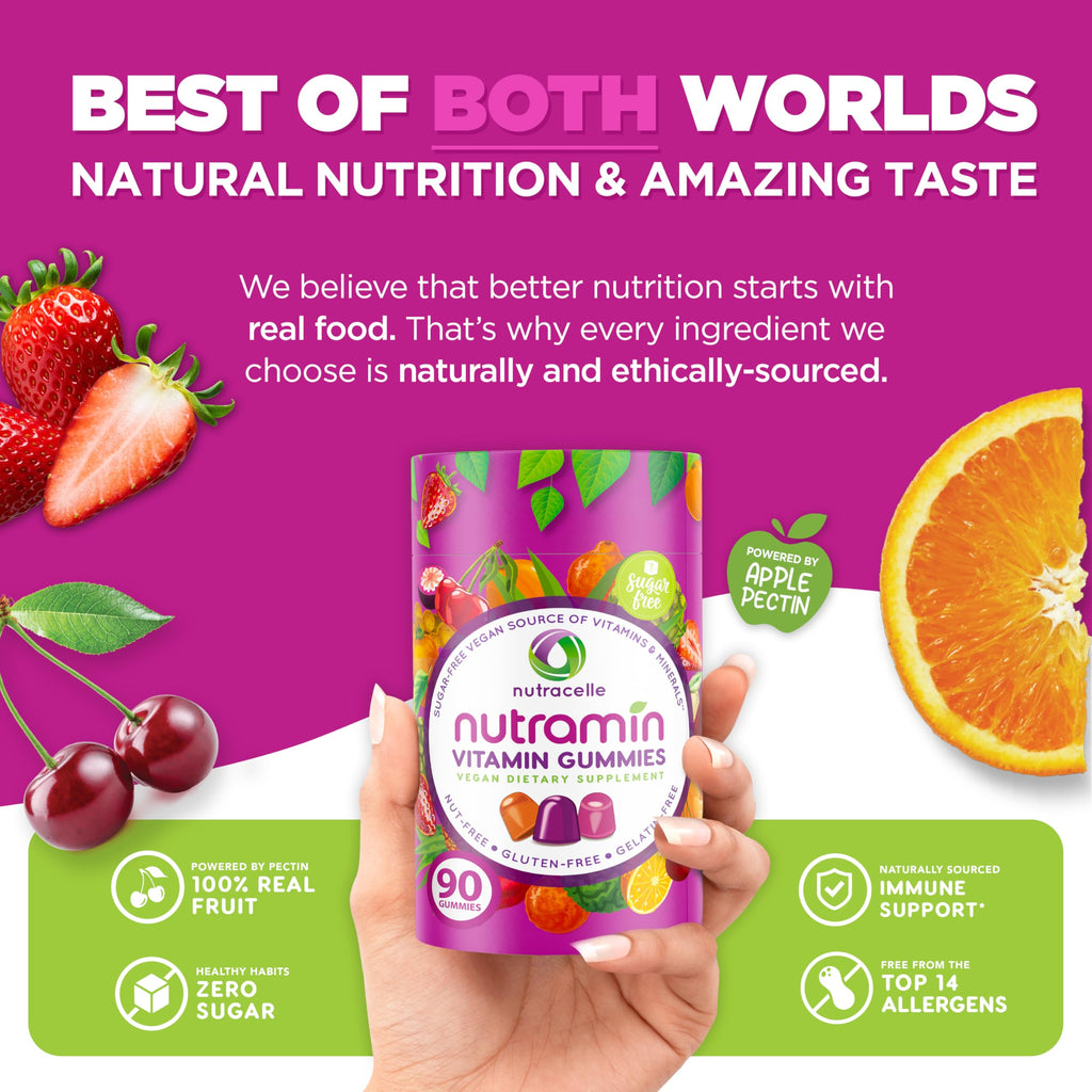 NUTRAMIN Daily Vegan Keto Multivitamin Gummies, Sugar-Free, 90 Count | Non-GMO Natural Vitamin C, D, Zinc for Immunity, Plant-Based, Nut-Free, Gluten-Free, Biotin, Vitamin A, B, B6, B12, 45-Day