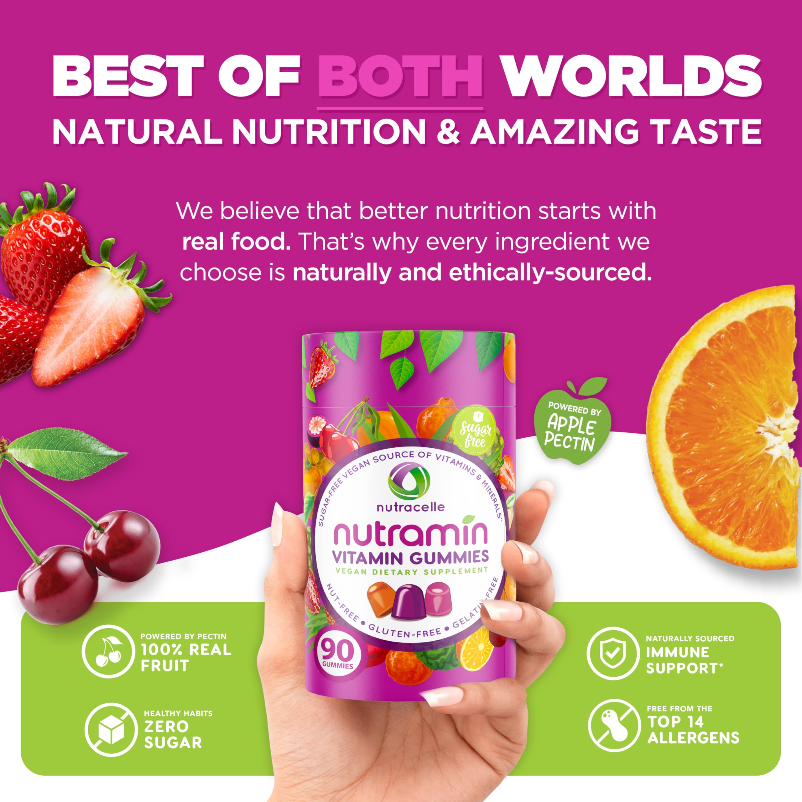 NUTRAMIN Daily Vegan Keto Multivitamin Gummies, Sugar-Free, 90 Count | Non-GMO Natural Vitamin C, D, Zinc for Immunity, Plant-Based, Nut-Free, Gluten-Free, Biotin, Vitamin A, B, B6, B12, 45-Day