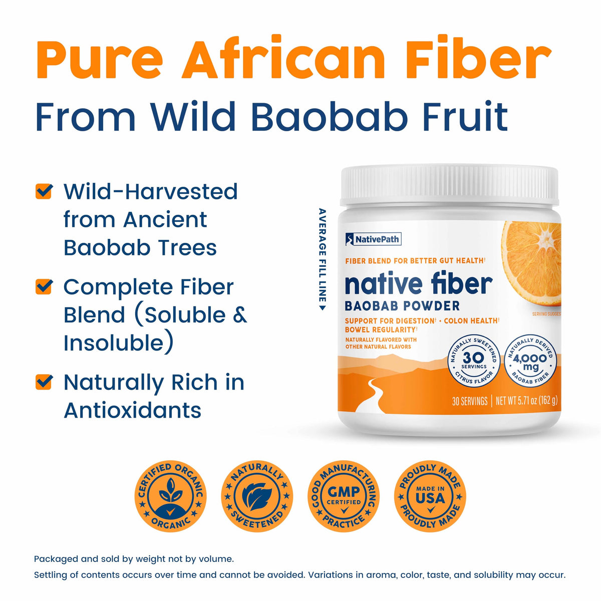 NativePath Baobab Prebiotic Fiber, Orange, Sugar-Free, 30 Servings