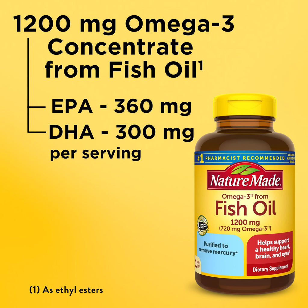 Nature Made Fish Oil Omega 3, 1200 mg Softgels, One Per Day, 100 Softgels | Omega 3 Fish Oil as Ethyl Esters 1200 mg Softgels, EPA DHA Supplement for Healthy Heart, Brain, Eye Support, 100 Day Supply