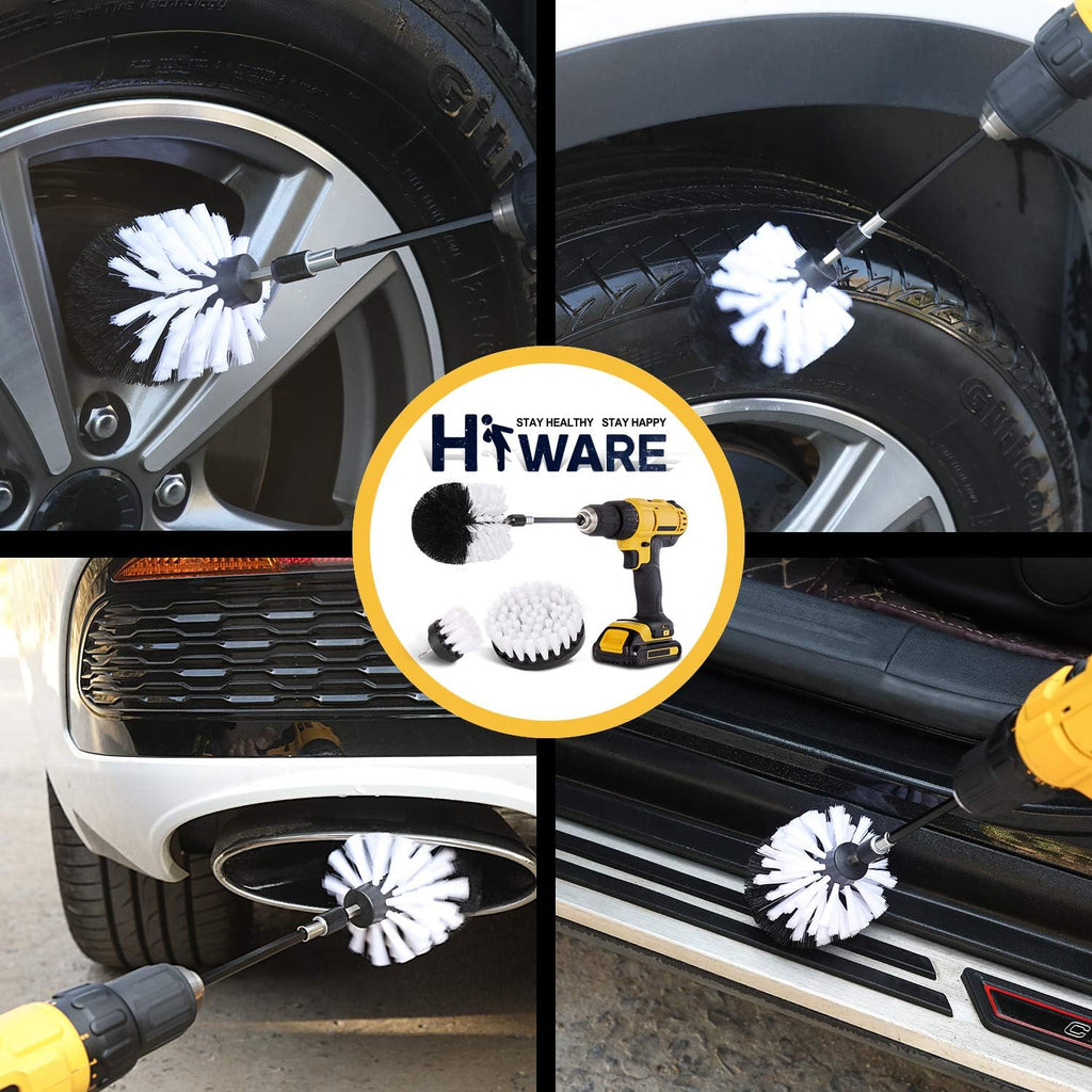 Buy now Hiware 4 Pcs Drill Brush Car Detailing Kit with Extend Attachment, Soft Bristle Power Scrubber Brush Set for Cleaning Car, Boat, Seat, Carpet, Upholstery and Shower Door - White at indiglob india