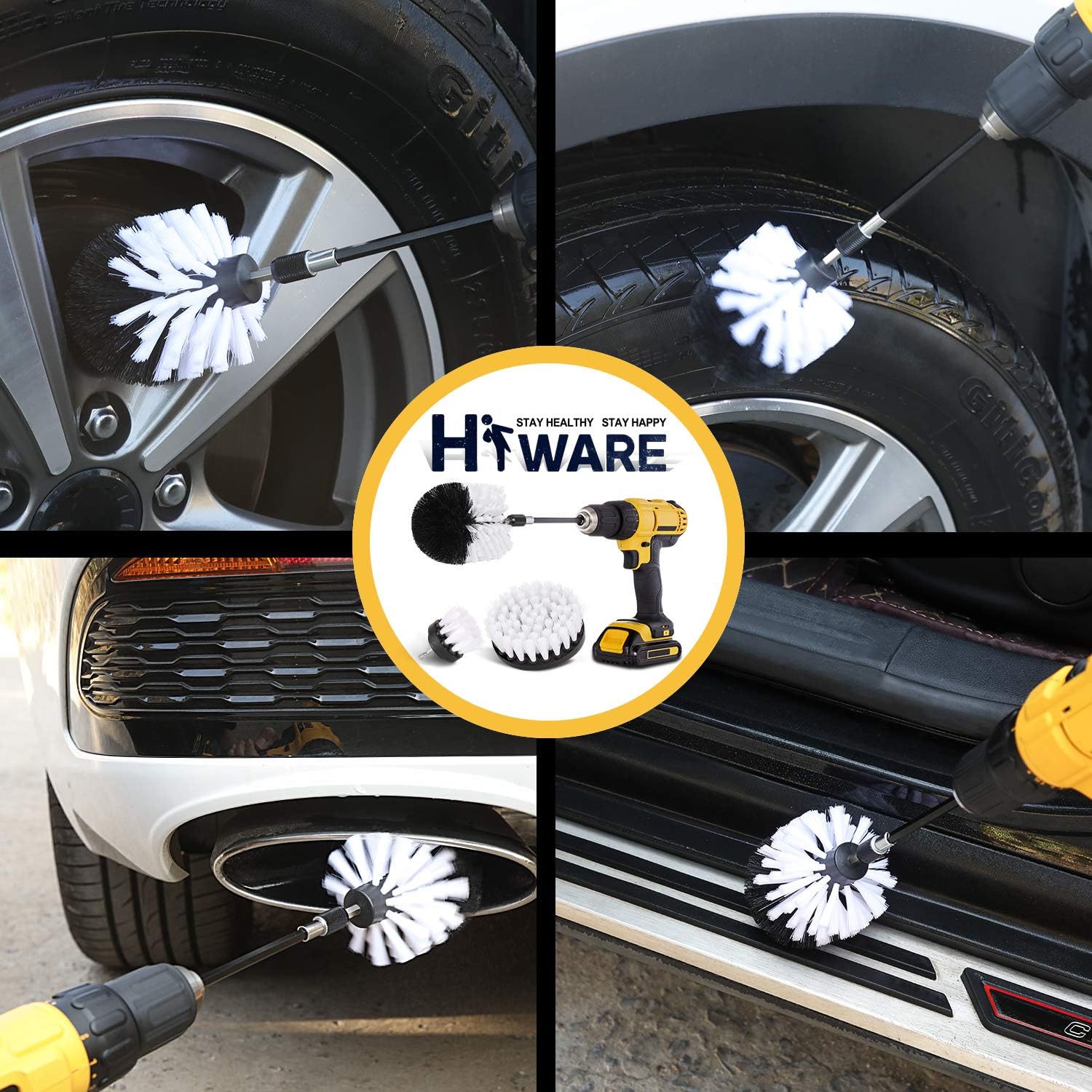 Buy now Hiware 4 Pcs Drill Brush Car Detailing Kit with Extend Attachment, Soft Bristle Power Scrubber Brush Set for Cleaning Car, Boat, Seat, Carpet, Upholstery and Shower Door - White at indiglob india