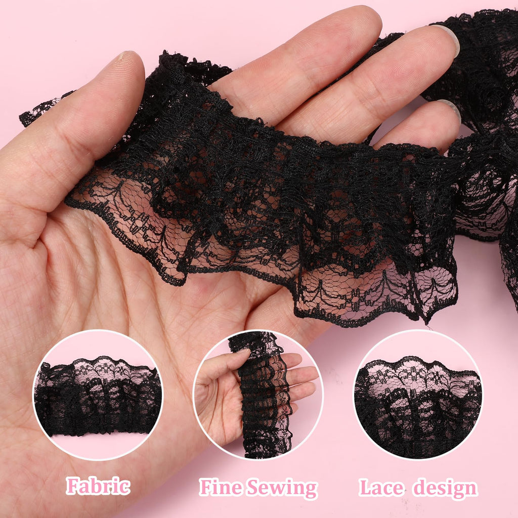 5 Yards Double Layer Ruffle Trim, 1.97 in Width Black Lace Ribbon, Vintage Lace Fabric Embroidered for Sewing, Clothes, Dresses, Craft, Bag, Gift Package, Wedding Decoration