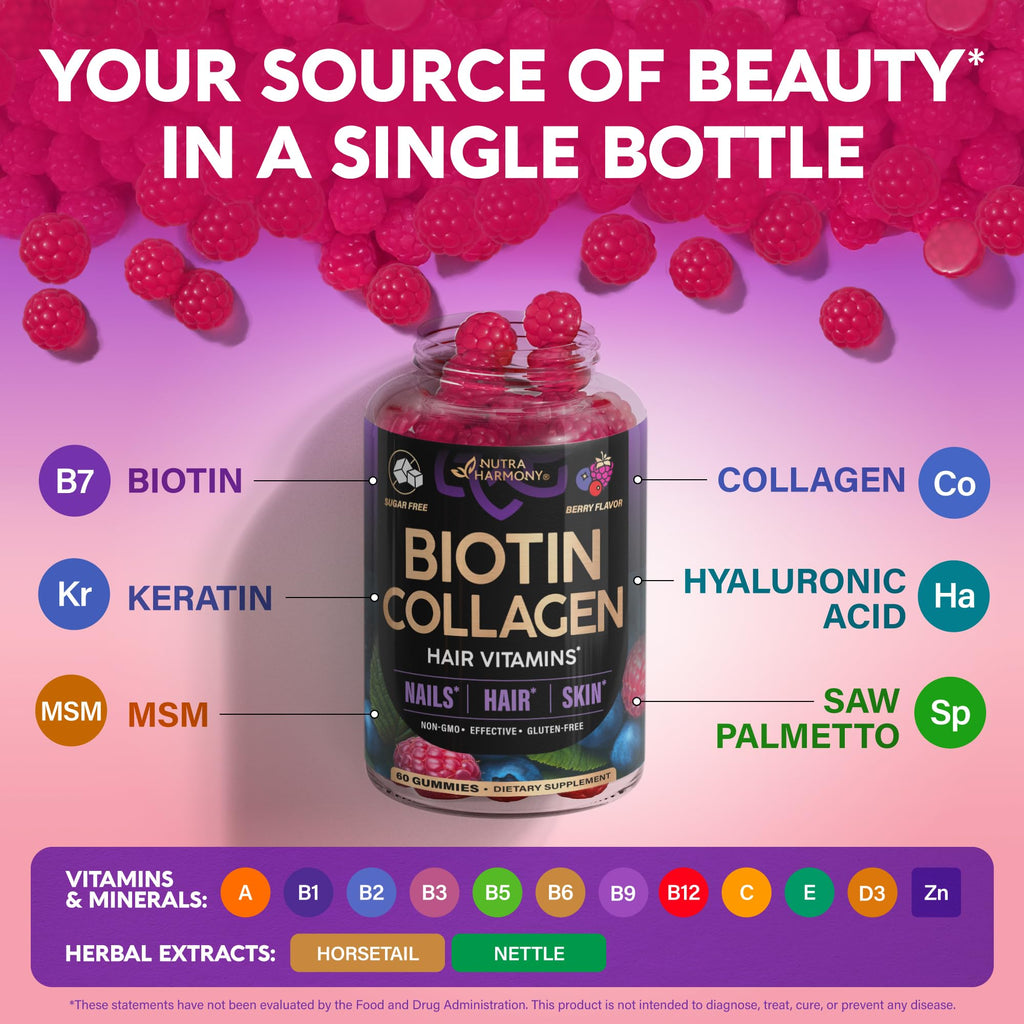 Biotin Gummies for Hair Growth Support - for Women & Men - Berry, Pack of 2 | Biotin 10000mcg, Collagen, Keratin, Hyaluronic Acid, B-Complex, Saw Palmetto - Hair, Skin & Nail Strengt Support - Sugar-Free