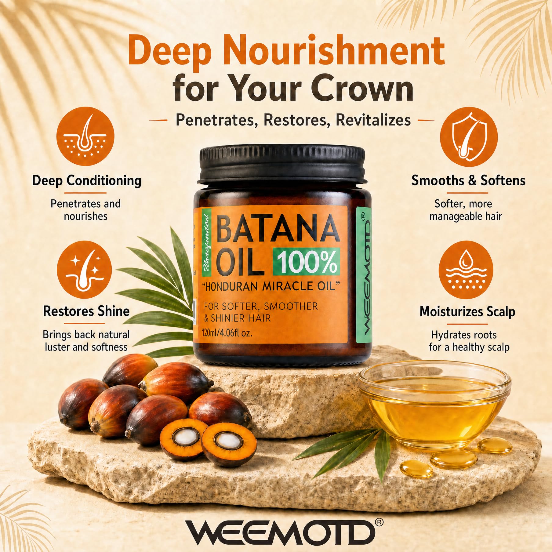 100% Raw Batana Oil for Hair from Honduras, 4.06 Fl Oz, Bright Coffee | Moisturizing Hair Mask, Adds Shine & Softness, Unrefined Conditioning Scalp Oil