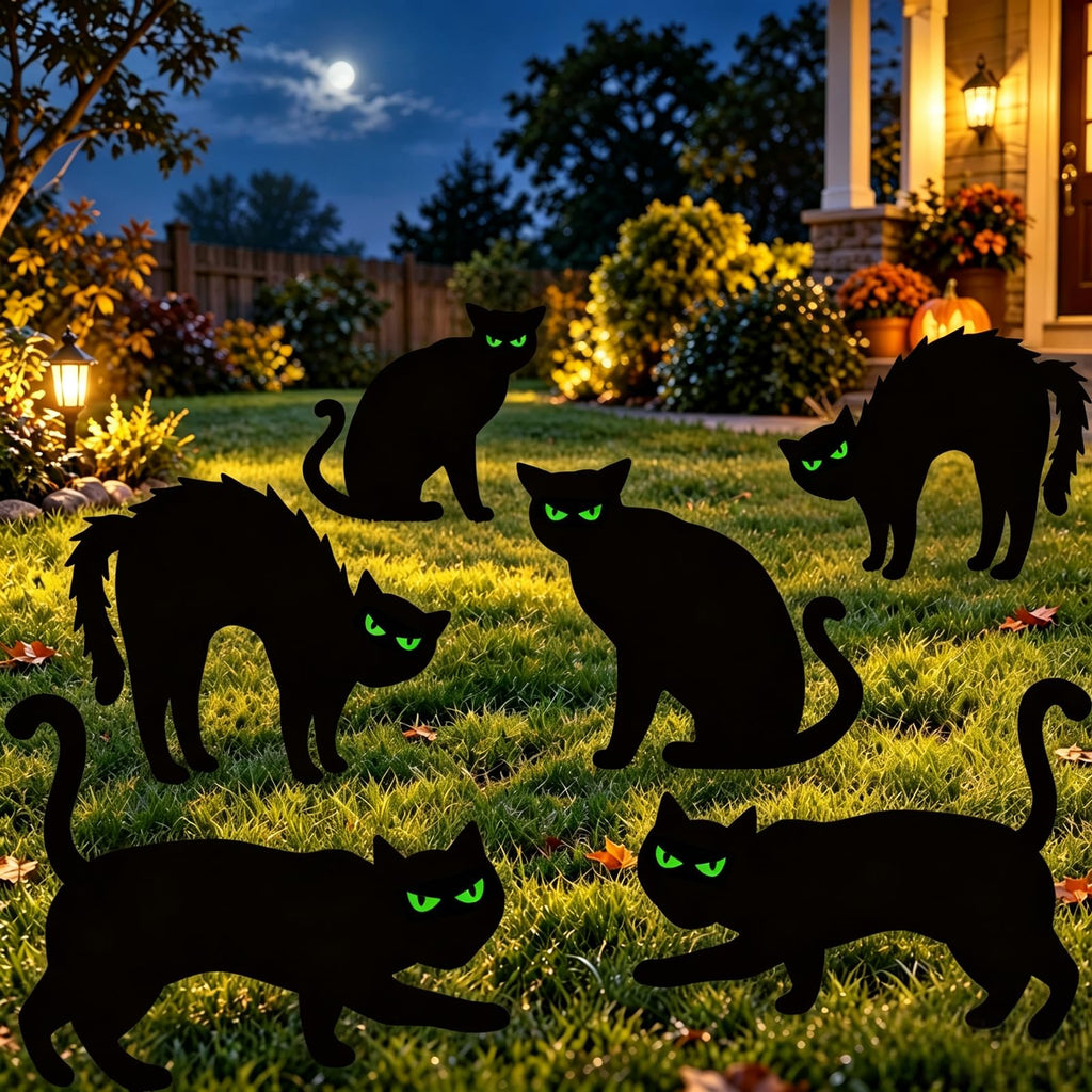 Halloween Decorations Outdoor, 6ct Black Cat Decor Yard Signs with Stakes, Scary Silhouette with Glow in Dark Eyes, Corrugated Plastic, Waterproof Lawn Decorations for Kids Family Home Party