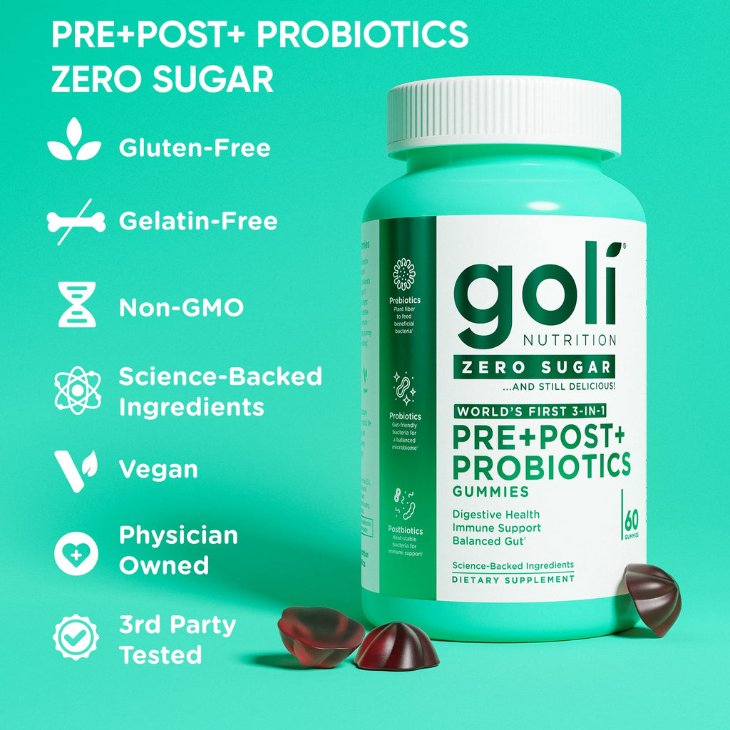 Goli Zero Sugar Pre Pro Postbiotic Gummies - Worlds First 3-in-1 with DE111, XOS, MCC1849 - No Sugar Alcohols - Vegan, Keto-Friendly, Non-GMO