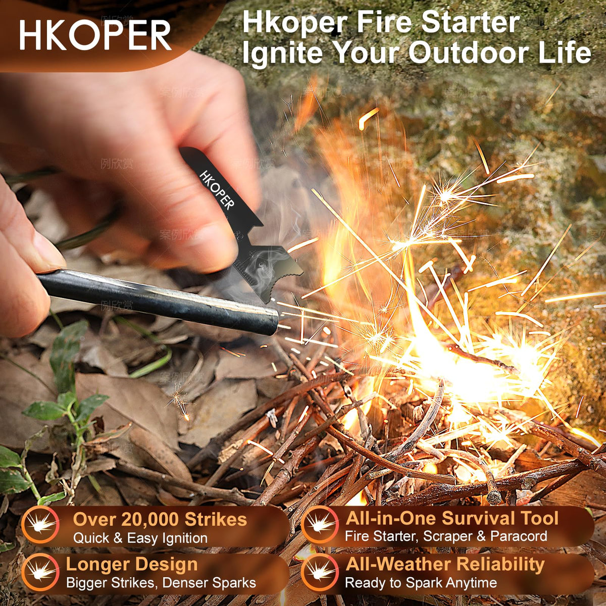 Ferro Rod Fire Starter with Striker, Flint and Steel, 6" x 3/8"