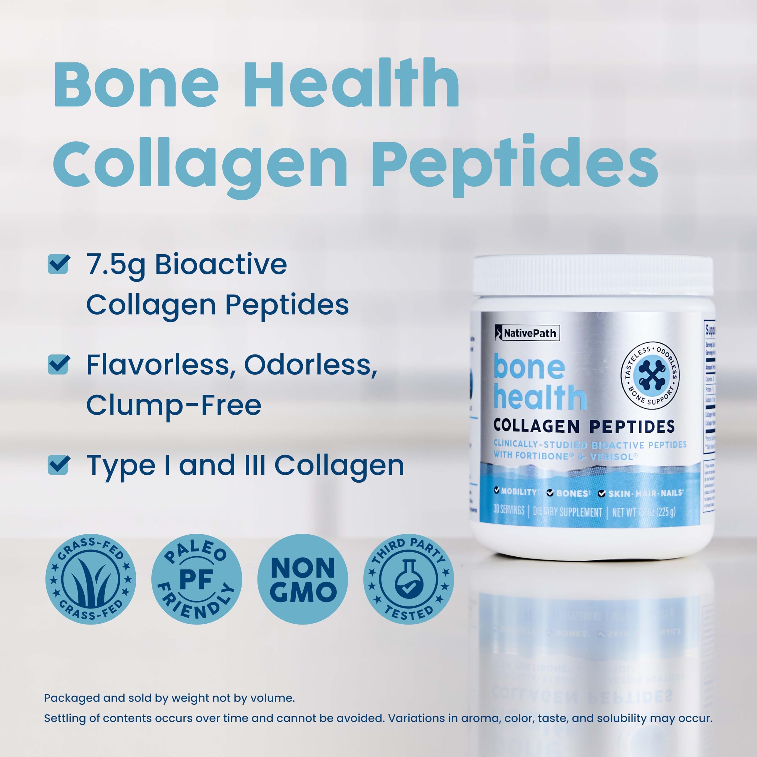 NativePath Bone Health Collagen Peptides, Type 1 & 3, with Fortibone and Verisol, 7.9 Ounce, 30 Servings | Verisol Bioactive Peptides, Supports Density, Strength, Elasticity, Hair & Skin, Unflavored, Type 1 & 3