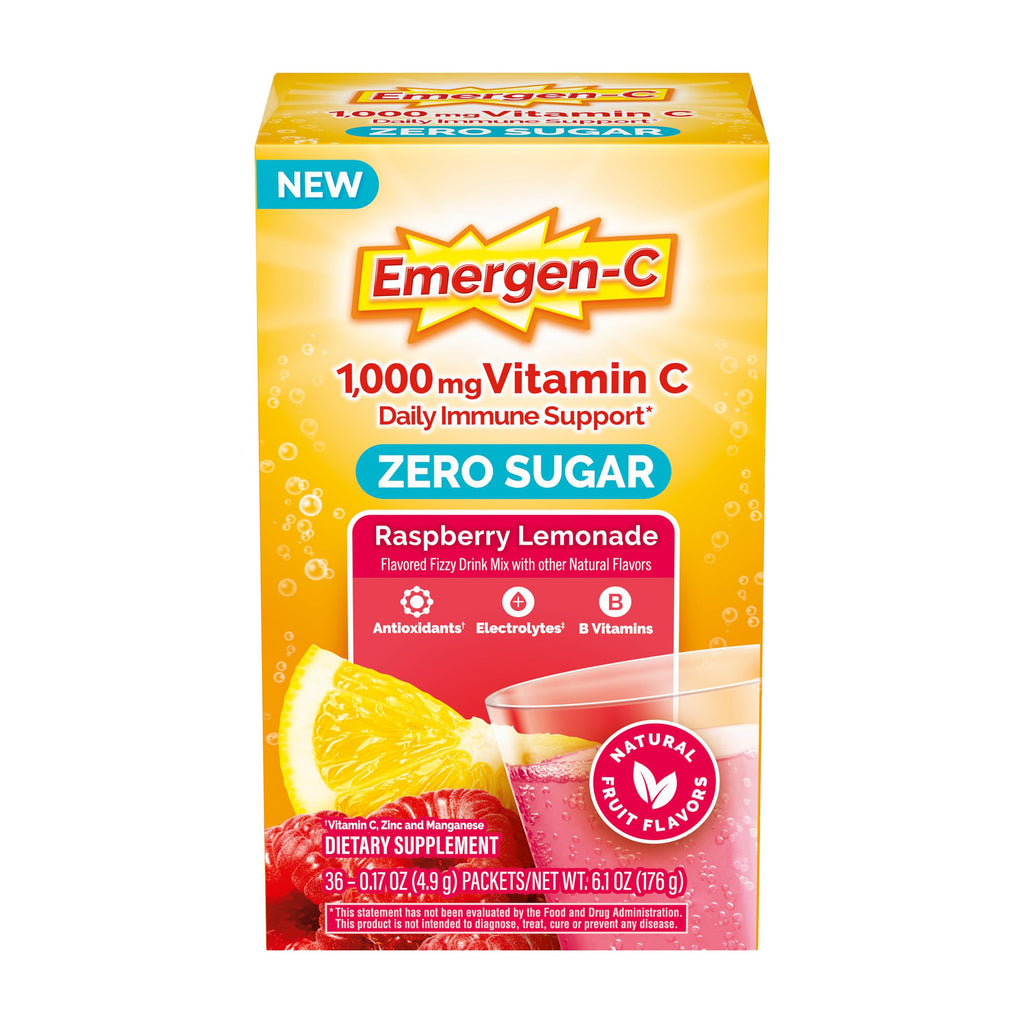 Emergen-C Vitamin C 1000mg Immune Support, Raspberry Lemonade, 36 Packets | Zero Sugar, B Vitamins for Energy, Zinc and Manganese, Electrolytes, Stevia Sweetened, Caffeine Free