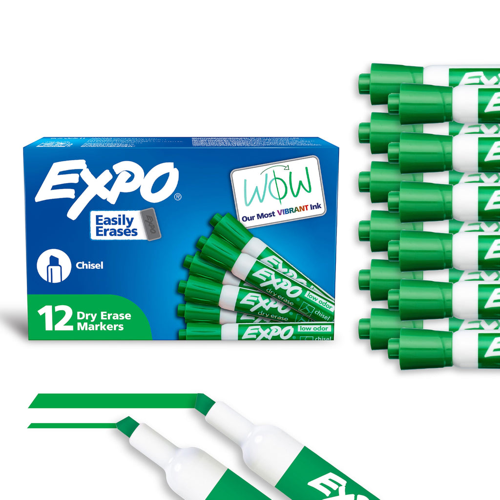 EXPO Dry Erase Markers, Low Odor Ink, Green, Chisel Tip, 12 Count - Whiteboard, Calendar, Organization, Essential Supplies for Office, School, Classroom, Teachers