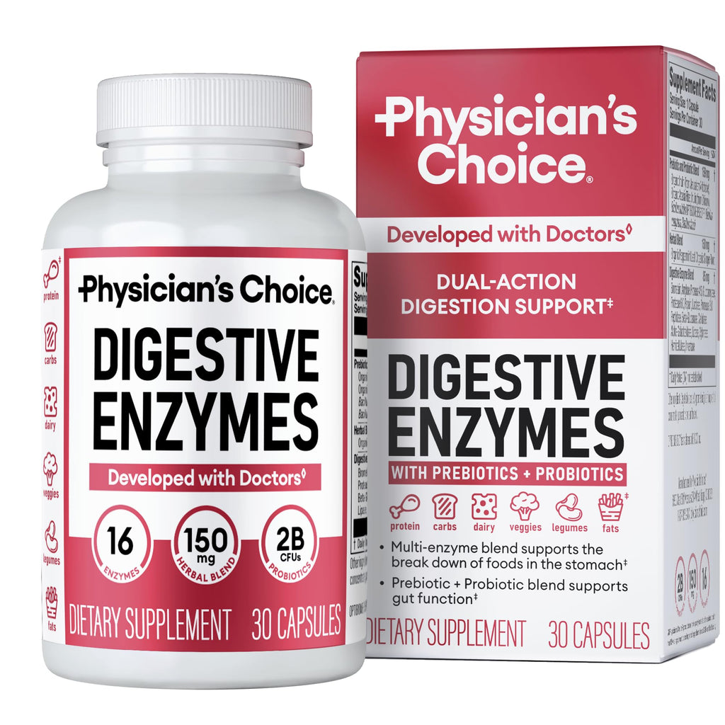 Physician's CHOICE Digestive Enzymes for Bloating & Digestion - Fast-Acting 16 Enzyme Formula with Organic Prebiotics & Probiotics for Gut & Digestive Health - Meal Time Discomfort Relief - 30 CT