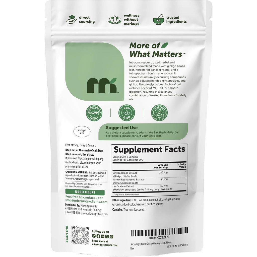 Micro Ingredients Ginkgo Biloba 120 mg Per Serving, 400 Softgels | 3-in-1 with Panax Ginseng & Lion’s Mane | Herbal Mushroom Blend | Made with MCT Oil | Non-GMO