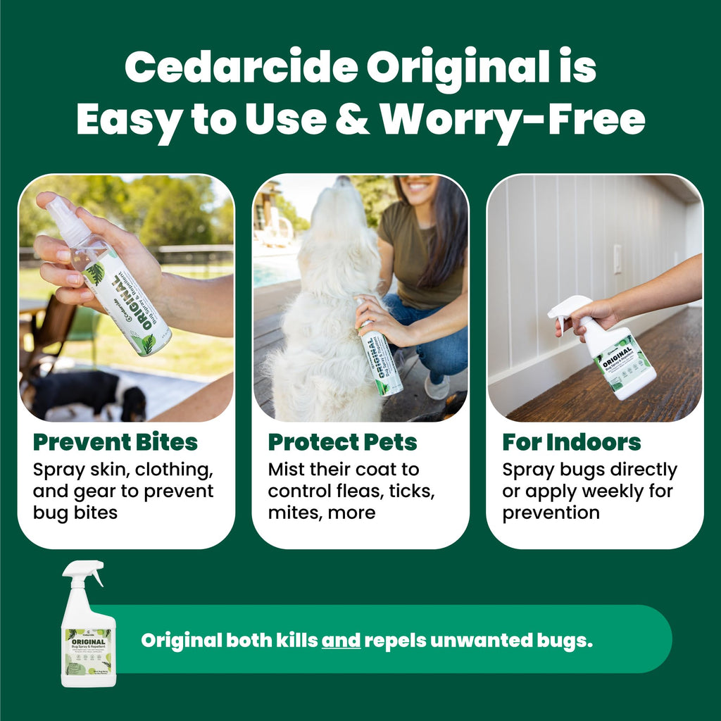 Cedarcide Original Bug Spray | Repel & Kill Fleas, Ticks, Mosquitoes, Mites, Ants & Chiggers | for use on People, Pets & Home | Natural Cedar Oil | Eco-Friendly | 4 Oz