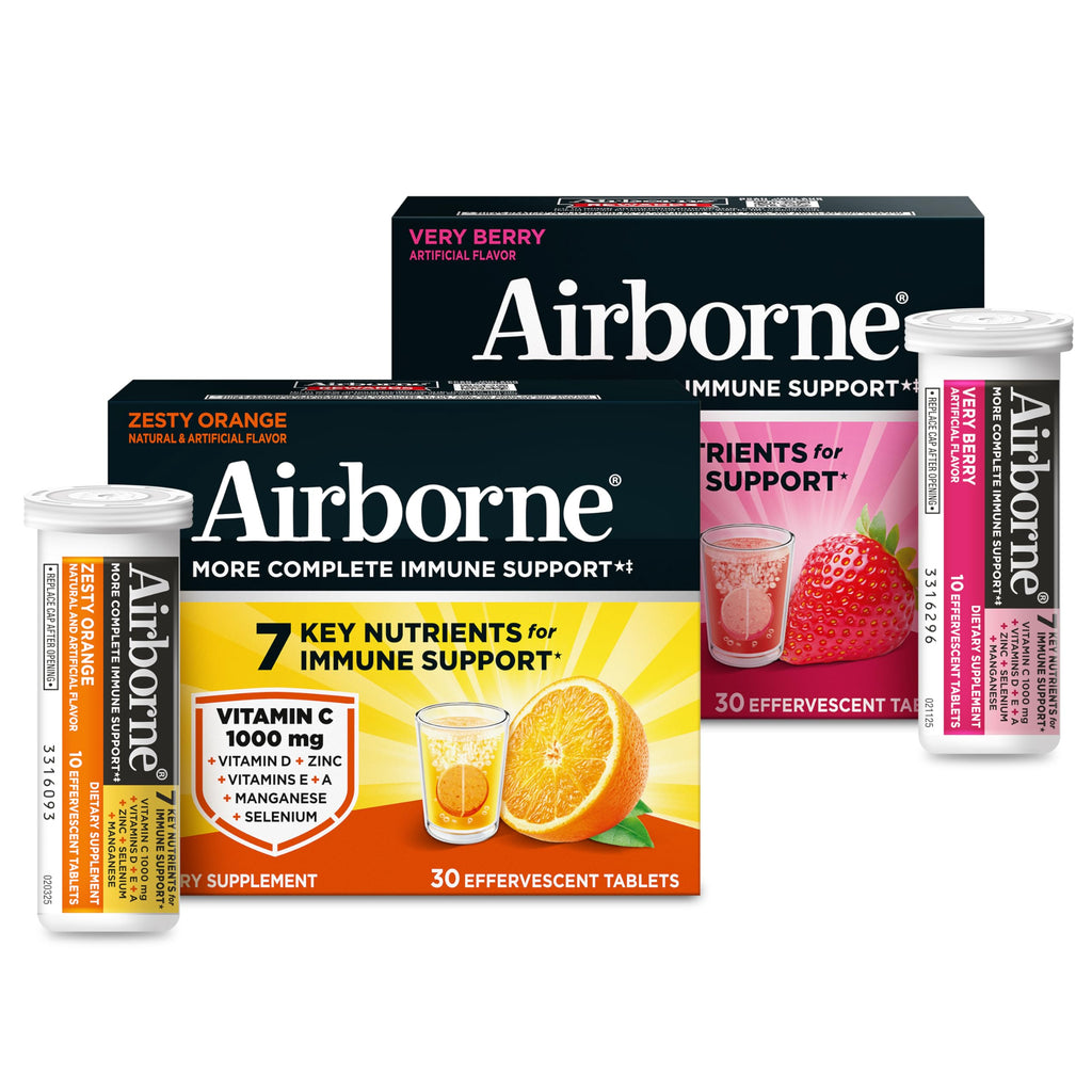 Airborne Immune Support Effervescent Tablets, Zesty Orange Flavor - 30ct with 1000mg Vitamin C + Vitamins A, D, E, Zinc, Selenium, Manganese & Herbal Blend - Sugar‑Free, Gluten‑Free