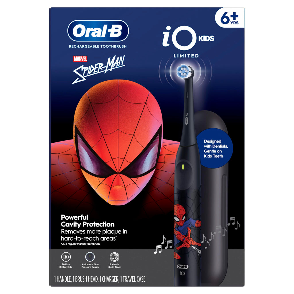 Buy now Oral-B iO Kids Limited Rechargeable Electric Powered Toothbrush, Spiderman with 1 Gentle Care Brush Head - Automatic Pressure Sensor to Protect Gums - 3 Cleaning Settings - 2 Min Music Timer at indiglob india