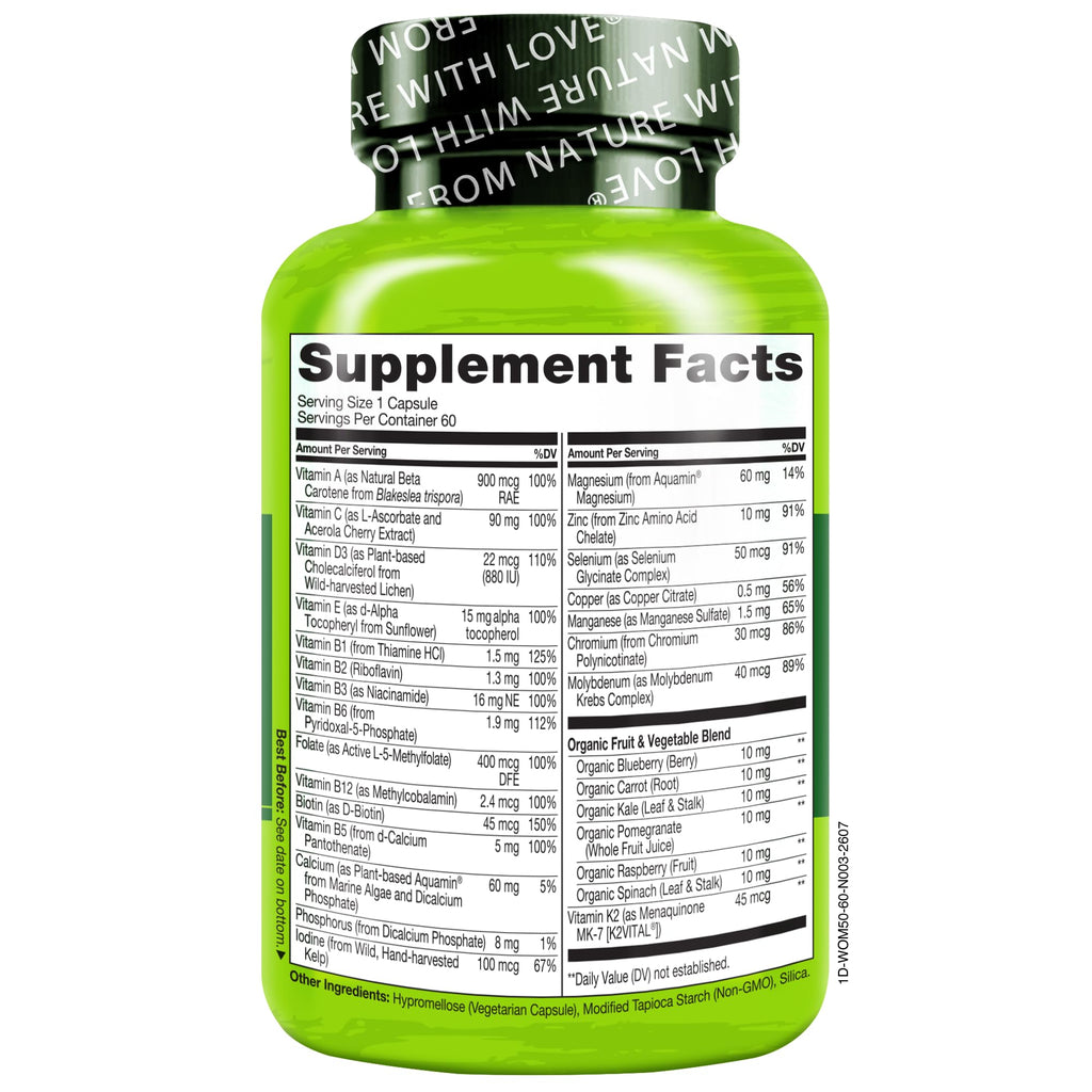 NATURELO One Daily Multivitamin for Women 50+ w/Vitamin B12, 60 Count | Energy Support, Whole Food Daily Women Multivitamin Supplement, Nourish Hair/Skin/Nail, Non-GMO, No Soy, Gluten Free
