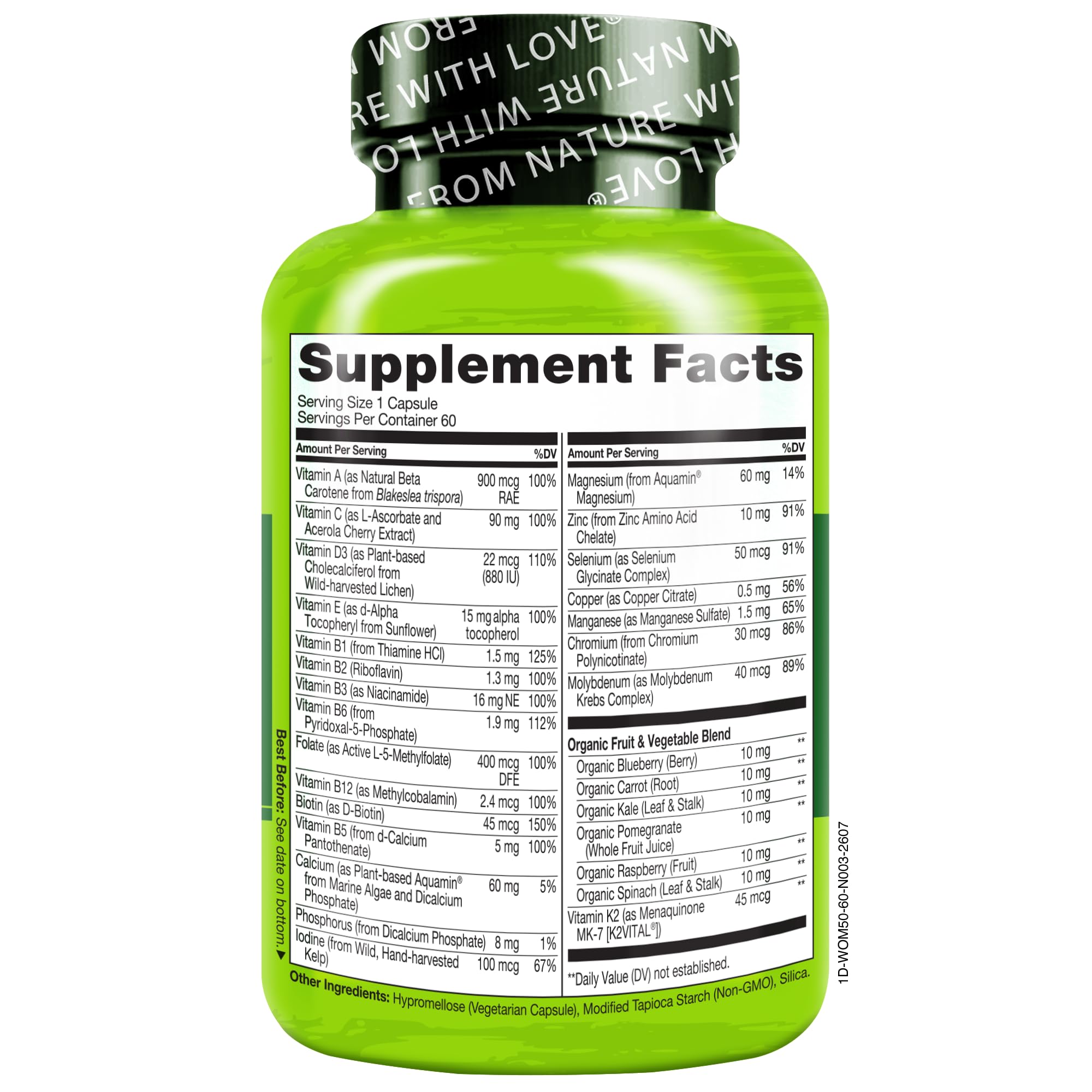 NATURELO One Daily Multivitamin for Women 50+ w/Vitamin B12, 60 Count | Energy Support, Whole Food Daily Women Multivitamin Supplement, Nourish Hair/Skin/Nail, Non-GMO, No Soy, Gluten Free
