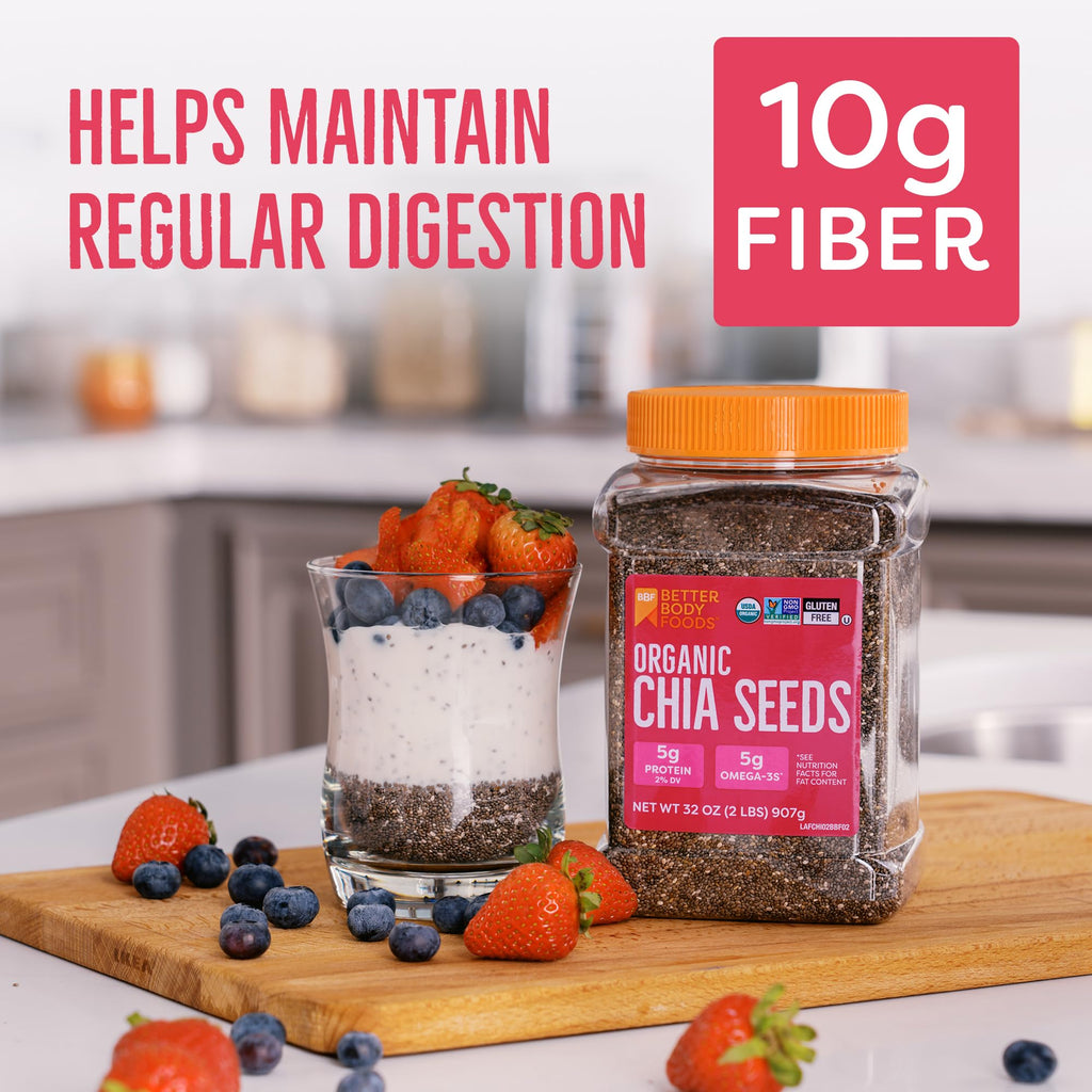 Buy now BetterBody Foods Organic Chia Seeds 2 lbs, 32 Oz, with Omega-3, Non-GMO, Gluten Free, Keto Diet Friendly, Vegan, Good Source of Fiber at indiglob india