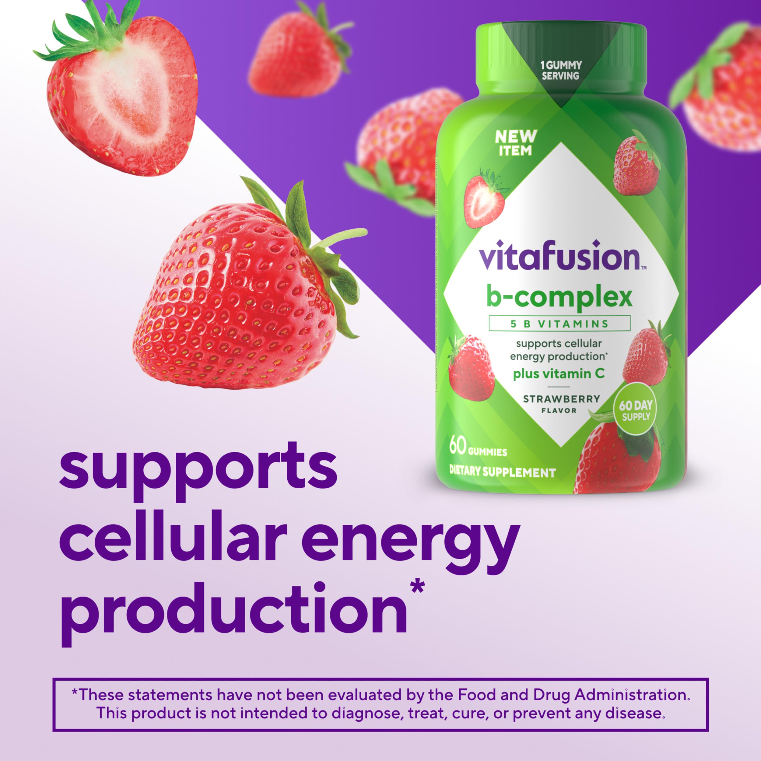 Vitafusion Vitamin B Complex for Women and Men | 60 Gummies | with Niacin, C, and Folate | Strawberry Flavor | Gluten Free Adult Gummy Supplement