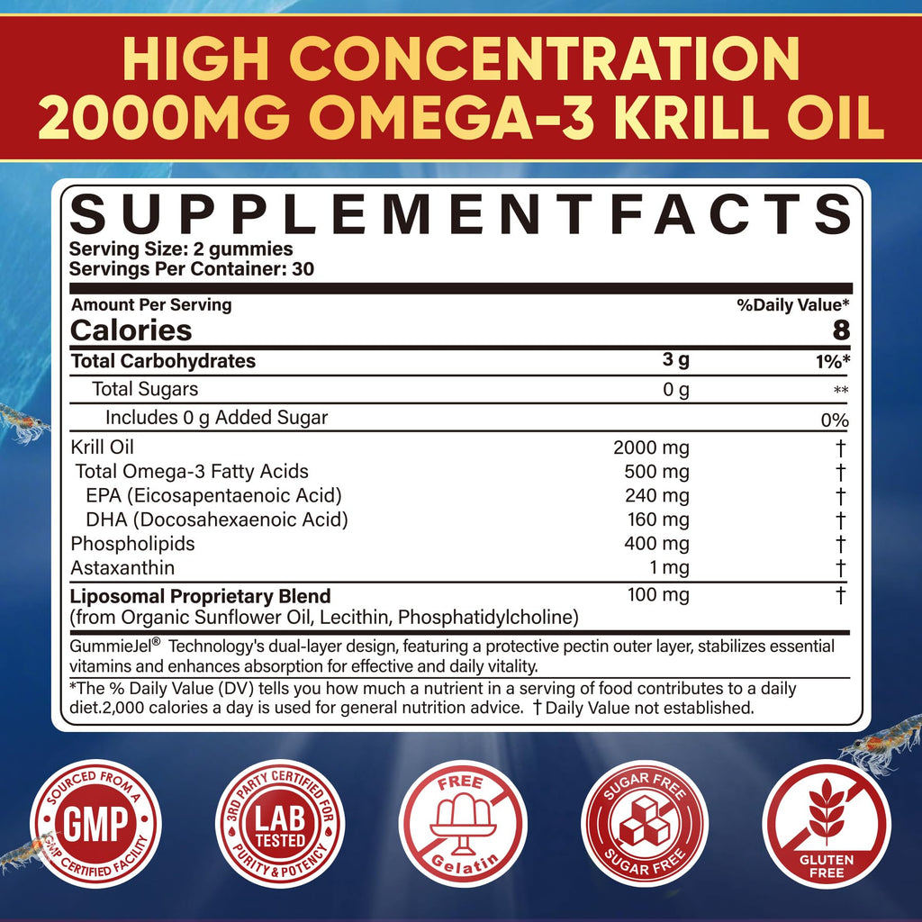 Liposomal Antarctic Krill Oil Omega 3 Gummies 2000mg - Fish Oil Alternative
