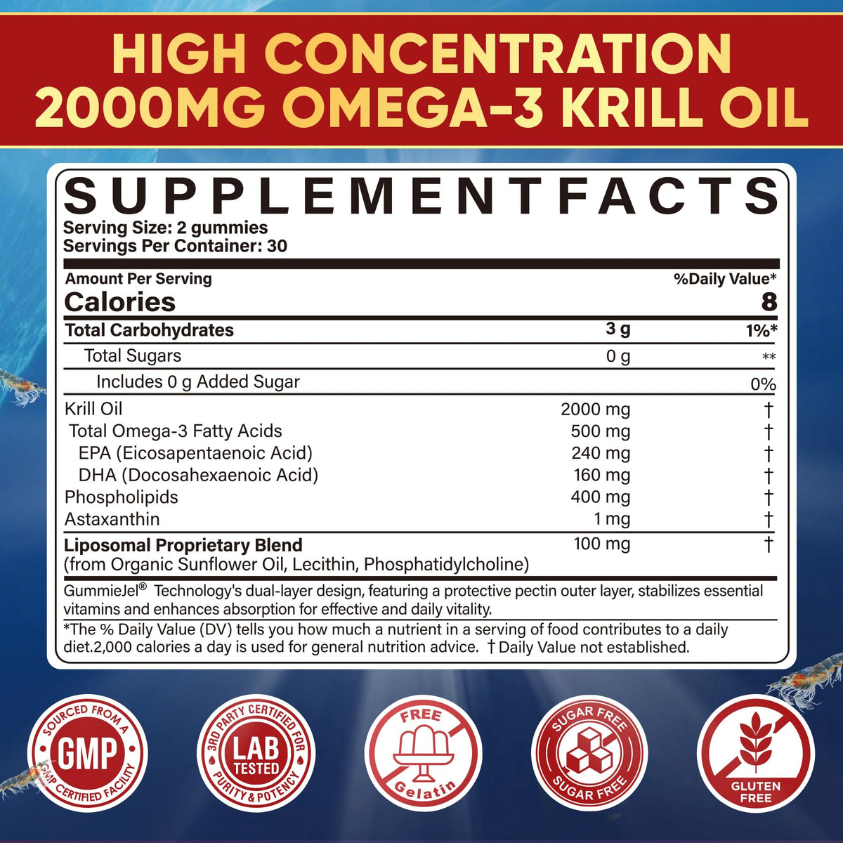 Liposomal Antarctic Krill Oil Omega 3 Gummies 2000mg - Fish Oil Alternative