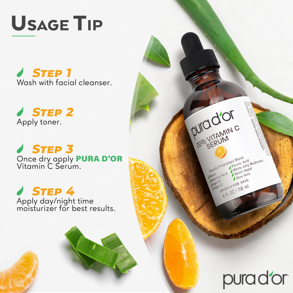 Buy now PURA D'OR 20% Vitamin C Facial Serum 4 Oz - Antioxidant Blend with Retinol, Hyaluronic Acid, Vitamin E & Ferulic Acid - Hydrating Lightweight Skincare Formula - Men and Women Daily Use Skin Care Plus at indiglob india