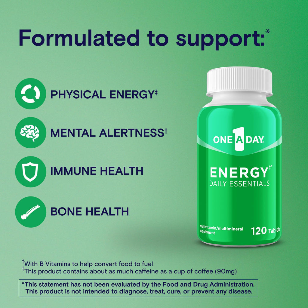 One A Day Energy Daily Essentials Multivitamin, Energy Supplement to Support Mental Alertness and Immune Health with Vitamins A C, D, E, Zinc and Caffeine, 120 Count