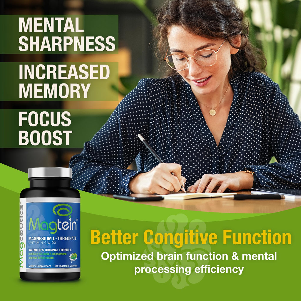 Magtein - Magnesium L-Threonate Supplement, Memory, Focus, Sleep & Brain Health Formula for Men & Women, Cognitive Support for Adults, Clinically Researched - 60 Veg Capsules