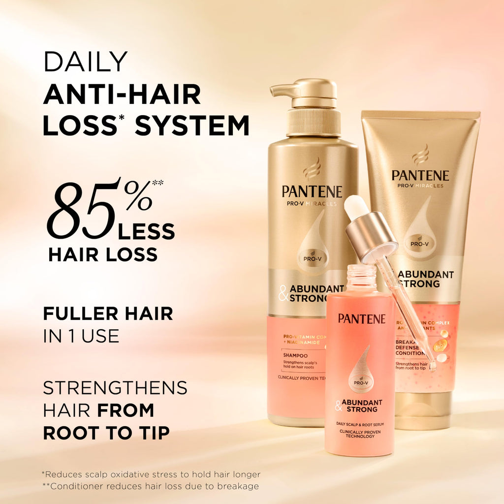 Pantene Abundant & Strong 3-Piece Regimen with B5 Complex + Niacinamide, Shampoo (13.5 oz), Conditioner (8 oz), Serum (2 oz) for Hair Loss, Thinning, Anti-Breakage, Volume - Grows Healthier