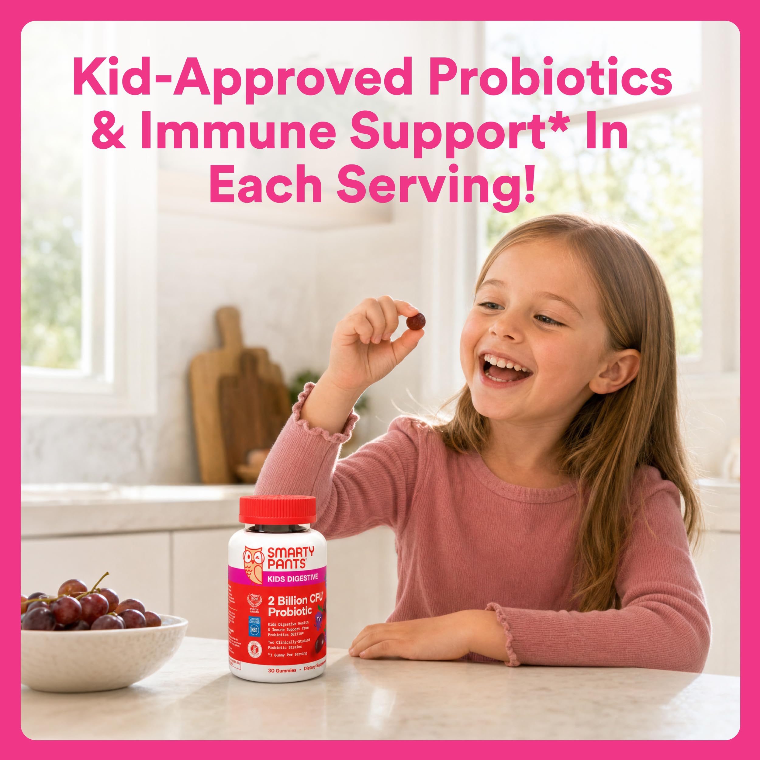 SmartyPants Kids Probiotic Gummies for Digestive Health: 2 Billion CFU Gut Health and Immune Support Supplement, Clinically Studied Probiotic, Gluten Free, Grape, 30 Count (30 Day Supply)