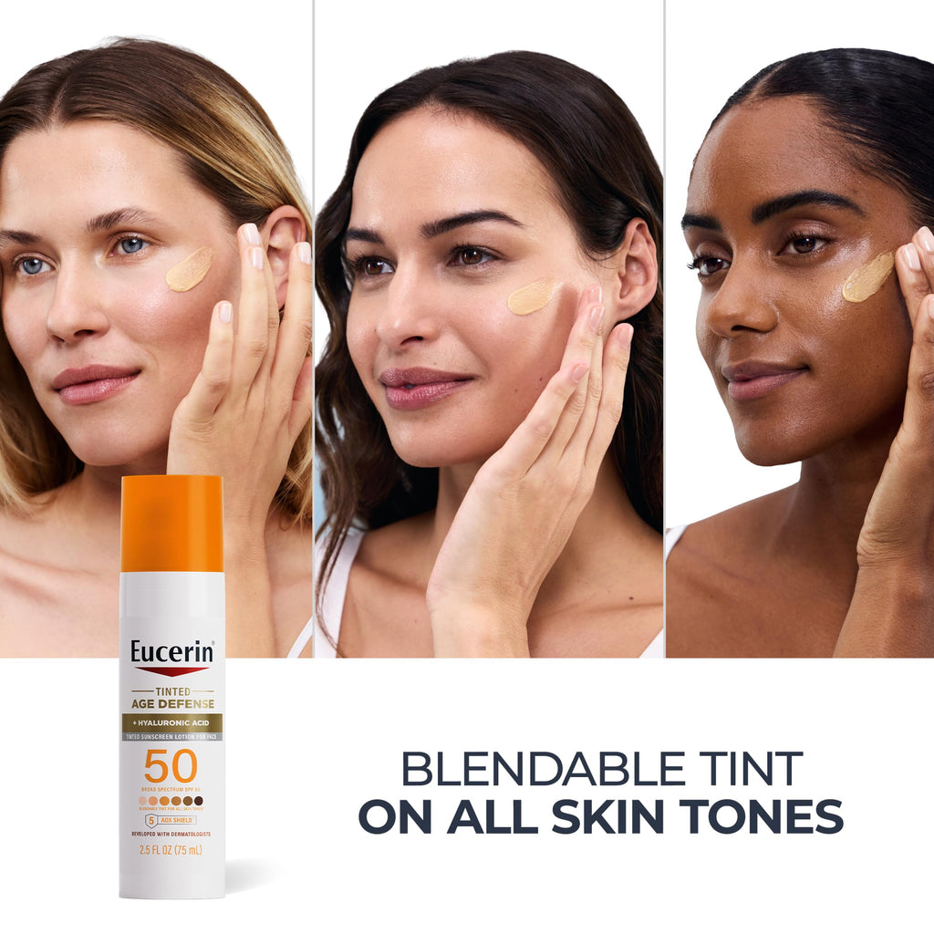 Eucerin Sun Age Defense Tinted Face Lotion SPF 50, 2.5 FL OZ | Universal Tinted Sunscreen for Face with Hyaluronic Acid, Non Comedogenic Facial Lotion, Fragrance Free