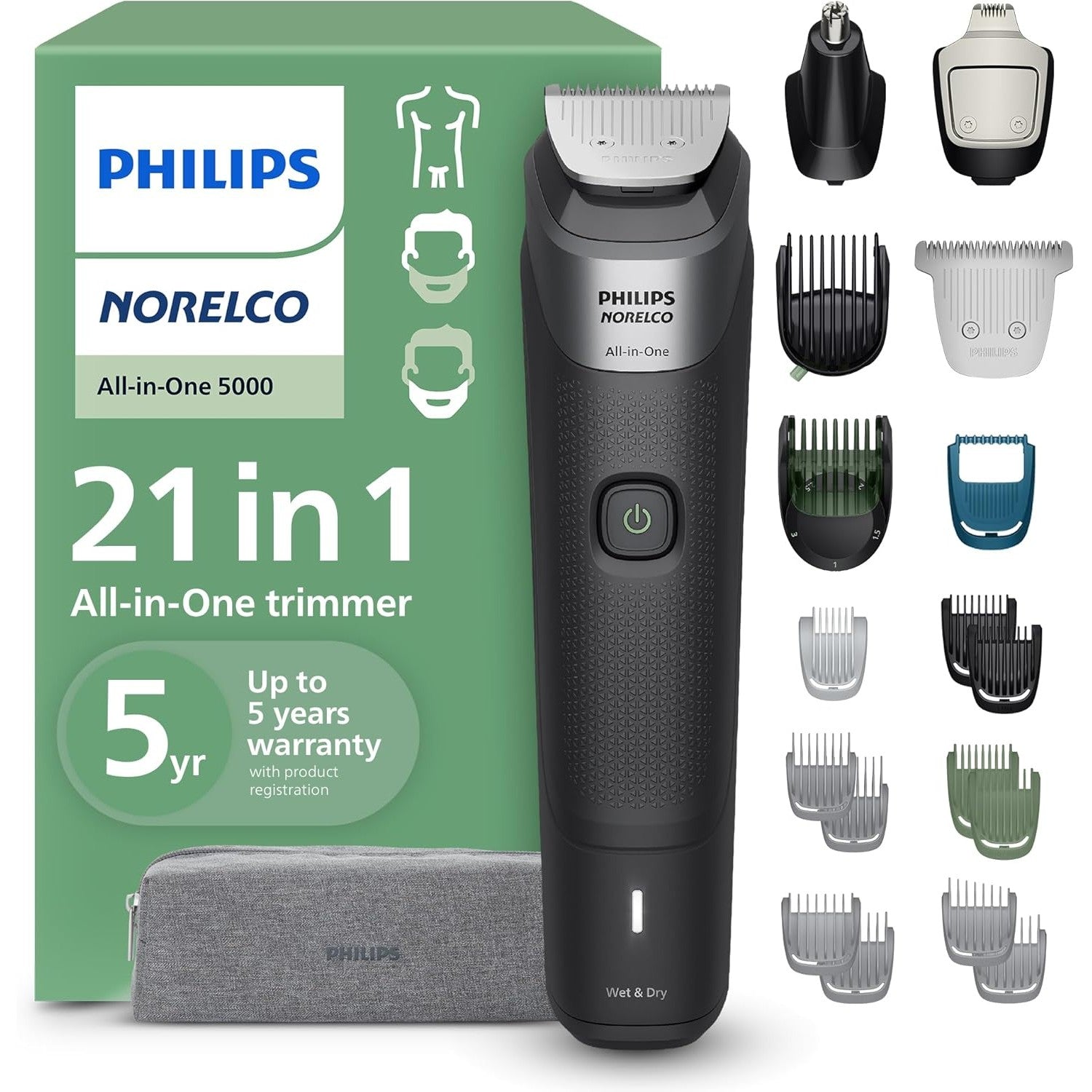 Buy now Philips Norelco Multigroom 5000 Series, All-in-One Trimmer and Hair Clipper, 18-Piece Men's Grooming Kit for Beard, Face, Hair, Body and Intimate Areas, No Blade Oil Needed, Model MG5910/49 Black MG5995 40 - 21 Pieces at indiglob india