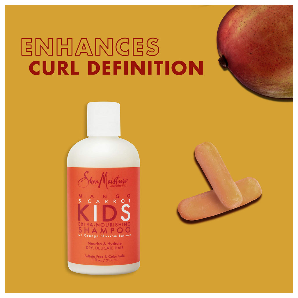 Shea Moisture Kids Shampoo Mango & Carrot Extra Nourishing 8oz | For all kids - gently cleanse, nourish, and detangle curly hair with Mango Butter, Carrot Oil, and Shea Butter.