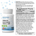 Puregen Labs Ferrous Gluconate 324 mg [High Potency] Iron Supplement, Gentle on Stomach - 100 Tablets