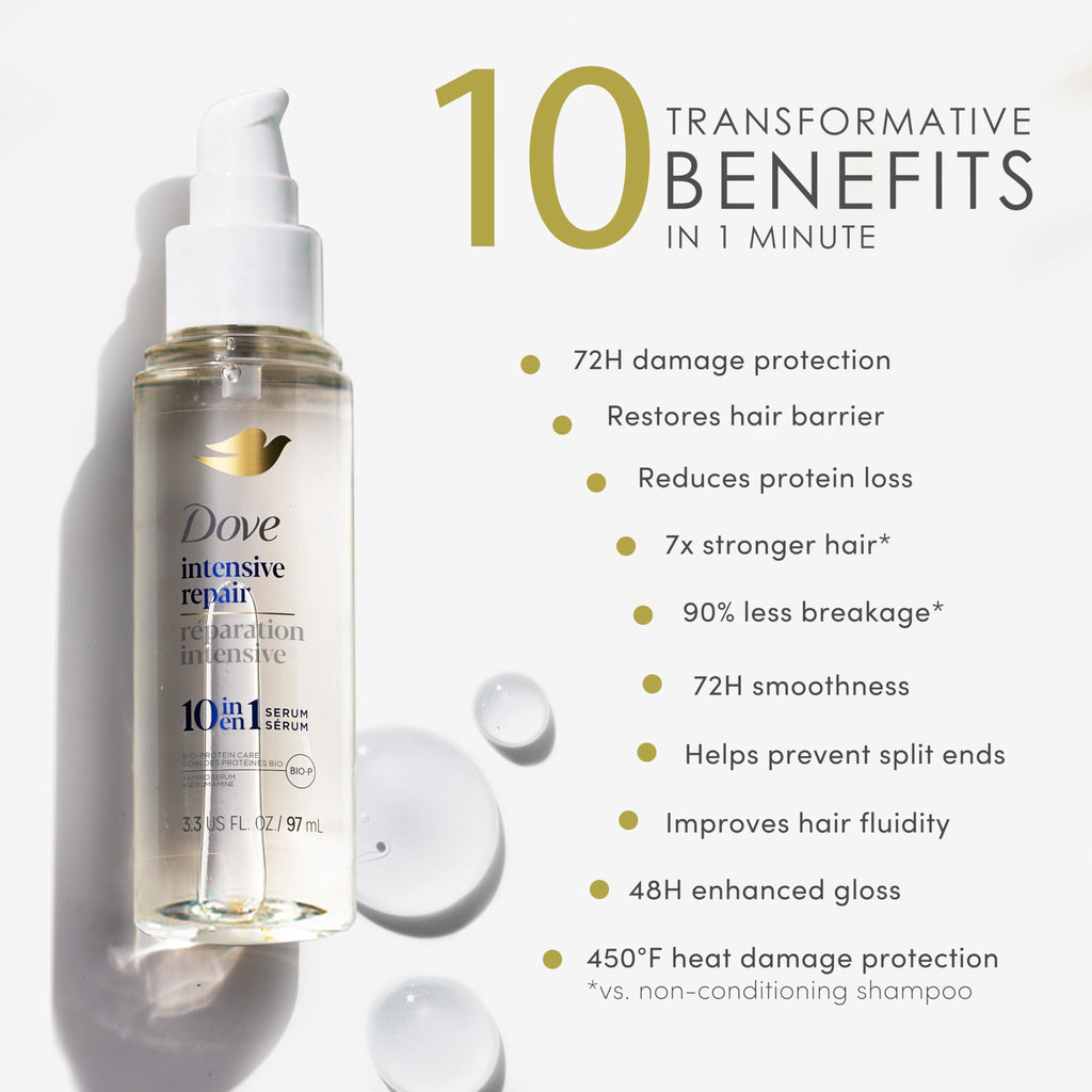 Dove Intensive Repair Serum for Damaged Hair with Amino Serum 3.3oz | Hair treatment provides 72H damage protection, 48H enhanced gloss and 72H smoothness for shinier, healthier-looking hair