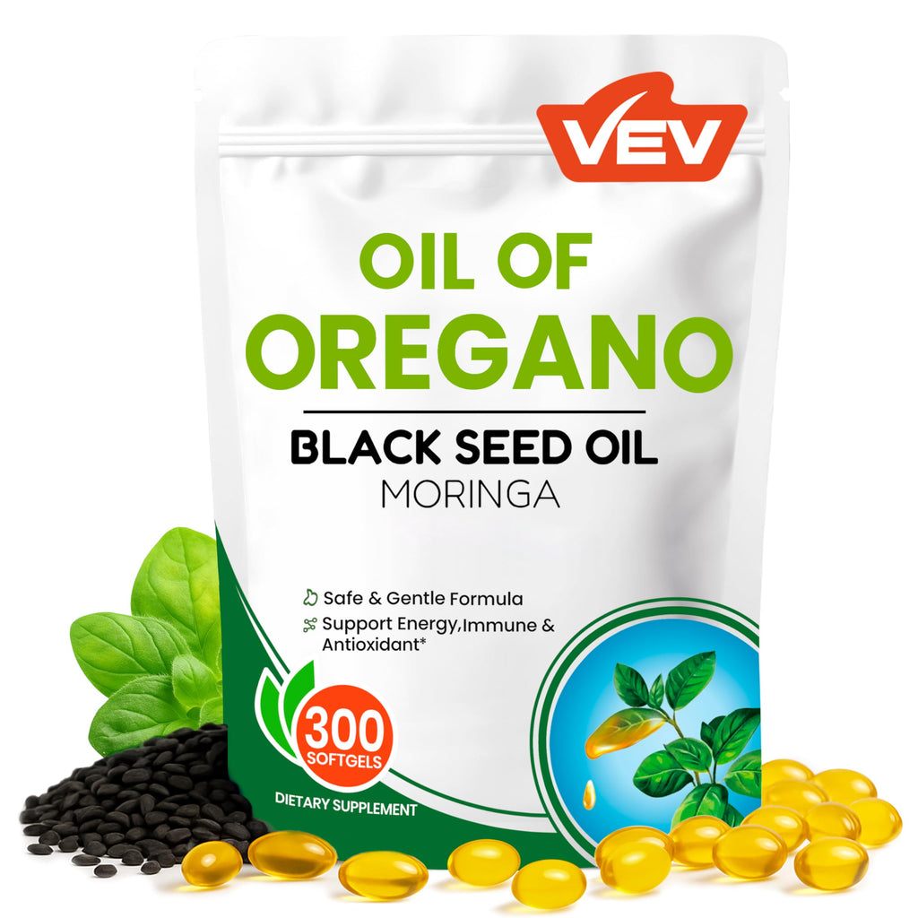 VEV Oil of Oregano with Black Seed Oil & Moringa, Organic, 300 Softgels | Aceite de Orégano, Carvacrol-Rich, Opaque Airtight Packaging