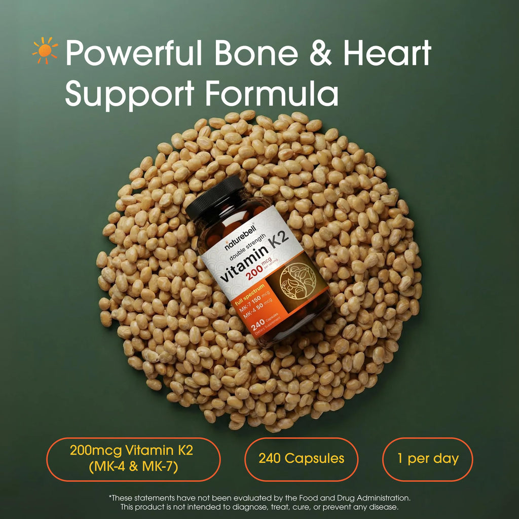 NatureBell Vitamin K2-240 Capsules - 200mcg Double Strength MK-7 & MK-4 Complex - Heart, Bone & Immune Health Support* - Complete K Vitamins Formula