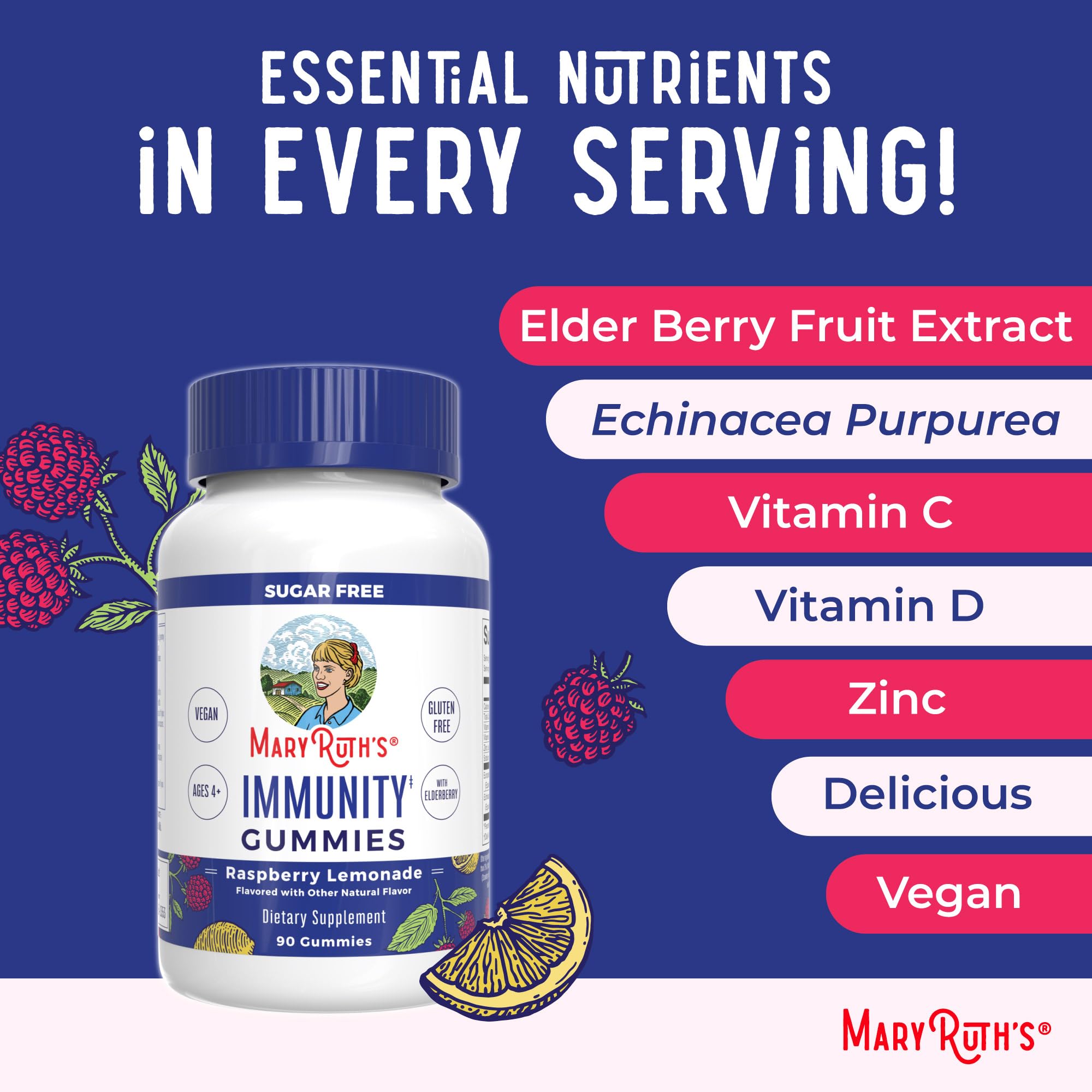 MARYRUTH'S Immunity Gummies for Kids & Adults, Sugar Free, 90 Servings | Elderberry Vitamin C & Zinc, Vitamin D3 & Echinacea, Immune Support Supplement, Vegan, Non GMO, 90ct