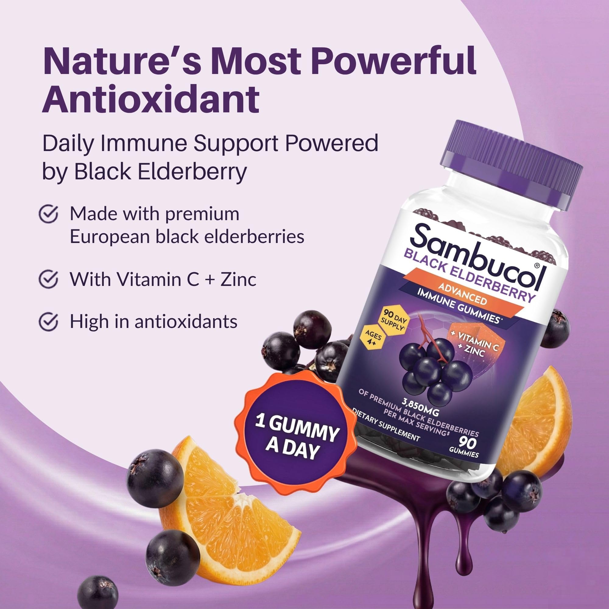 Sambucol Elderberry Gummies - Immune Support Supplement - 90 Count | Advanced Formula For Adults & Kids with Vitamin C & Zinc, Sambucol Elderberry are High in Antioxidants, Gluten Free, Vegan