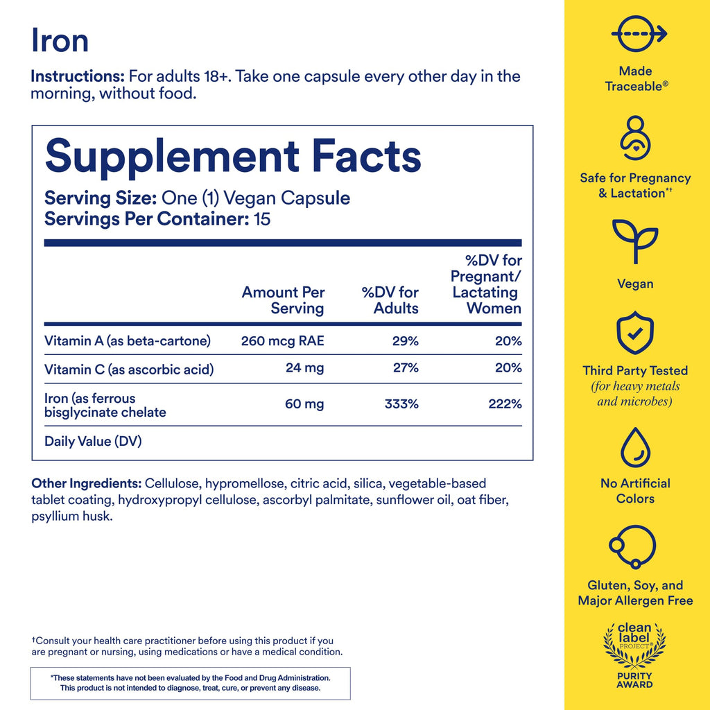 Ritual Iron Bisglycinate Supplement 60mg - 48-Hour Dosing - 15 Capsules | Gentle Support for Women with Low Iron Levels - Blood Boosting** - BioSeries Technology - Vitamin A, C - Vegan - Citrus