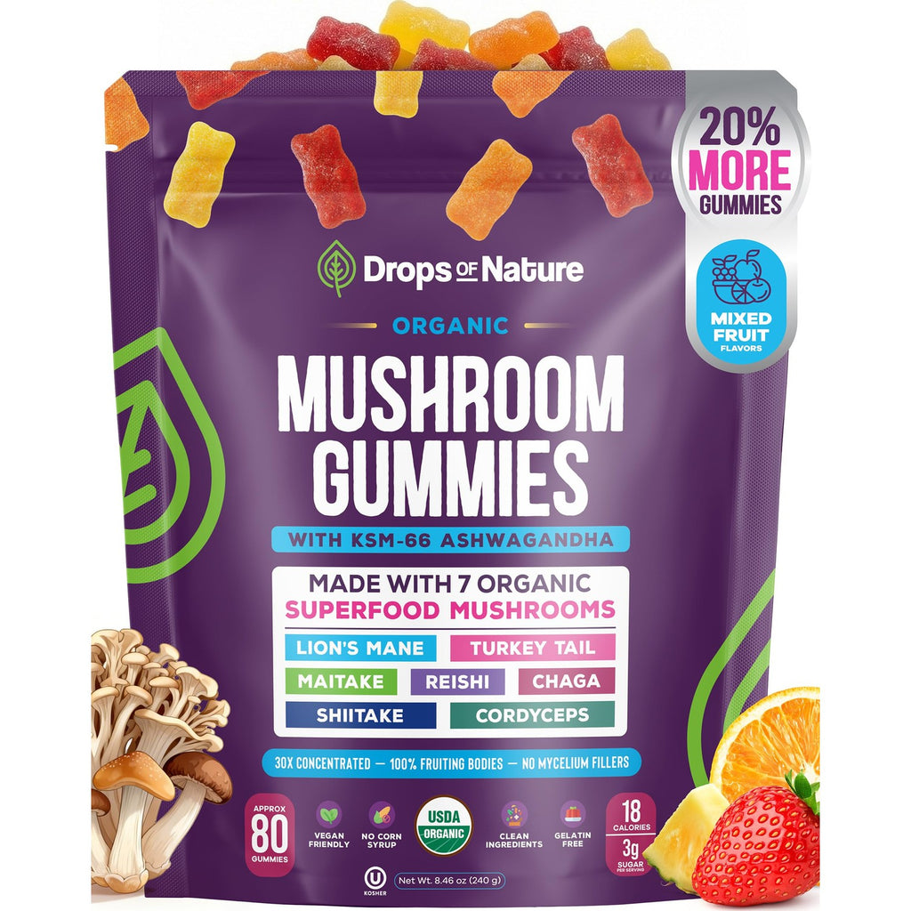 Drops Of Nature Organic Mushroom Gummies & Ashwagandha - Mixed Berry, 80 ct | KSM-66 Ashwagandha Gummies with 7 Superfood Mushroom Lions Mane Reishi Turkey Tail Chaga & More, Low Carb Vegan, Gelatin-Free