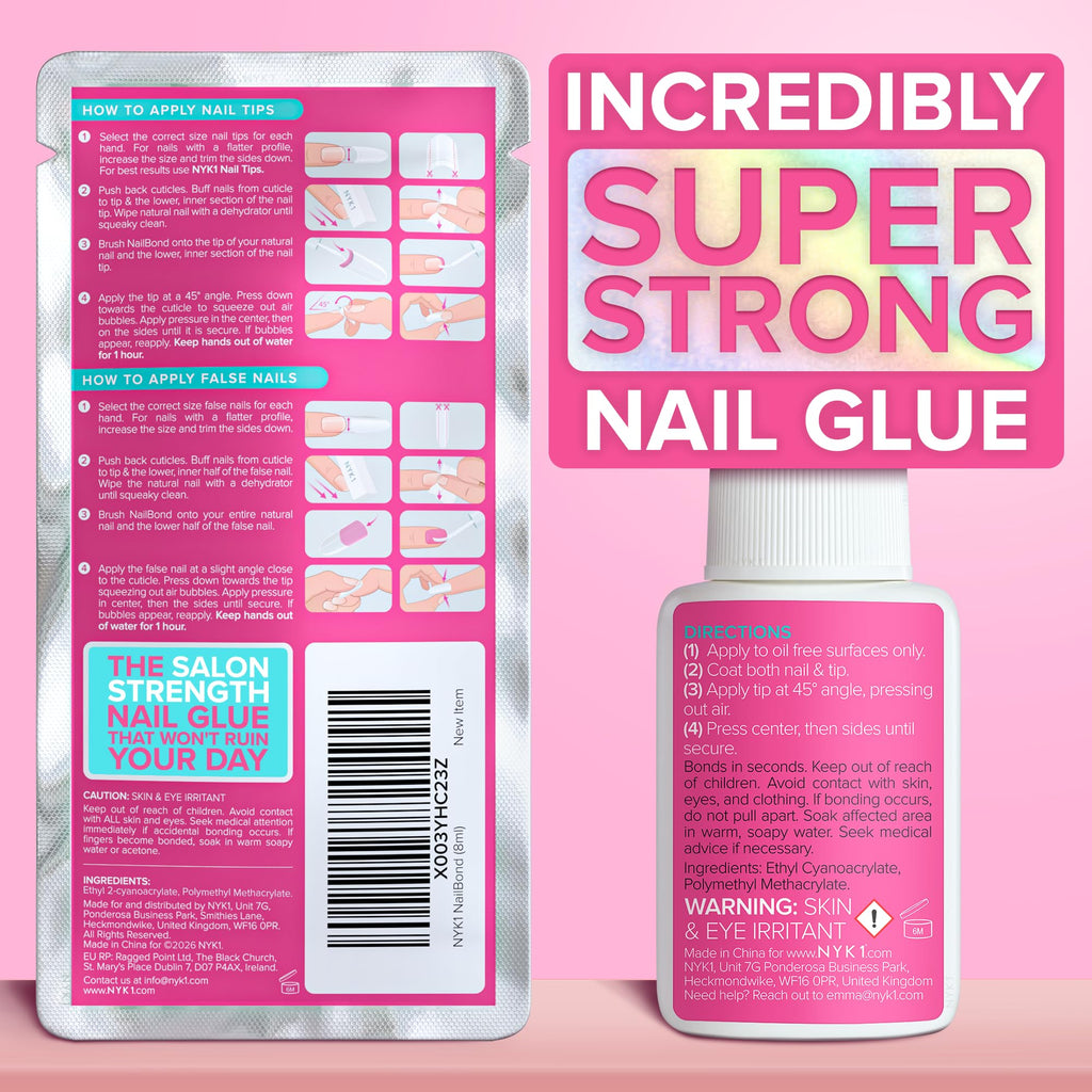 NYK1 Super Strong Nail Glue for Press On Nails, Nail Tips & Acrylics | 8ml | NailBond Brush On Nail Glue for Press Ons, Fake Nails & Acrylic Nails - Long Lasting, Max Strength, Mess-Free Application