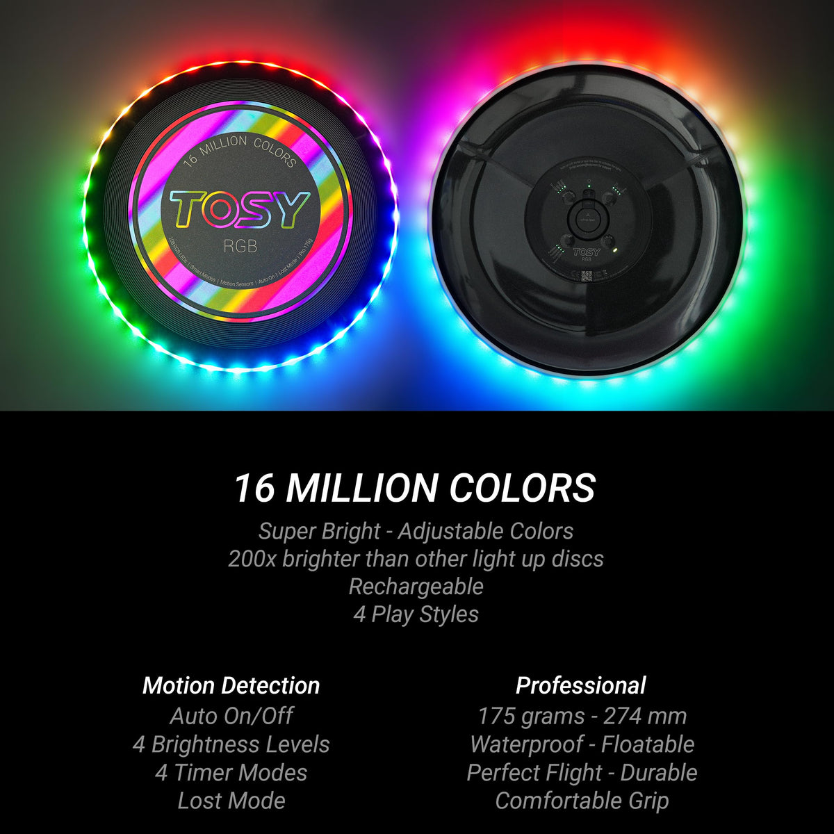 TOSY Flying Disc - 16 Million Colors RGB LEDs, Extremely Bright, Smart Modes, Camping Essentials for Teens/Kids/Adults/Men/Boys/Girls, Auto Light Up, Rechargeable, Waterproof, 175g