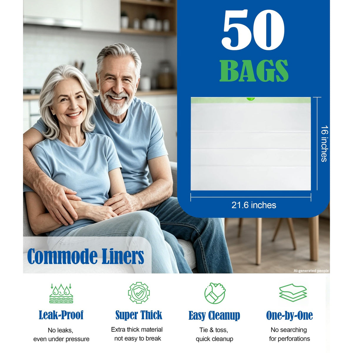 Bedside Commode Liners, Disposable Commode Bags with Drawstring 50 Pack